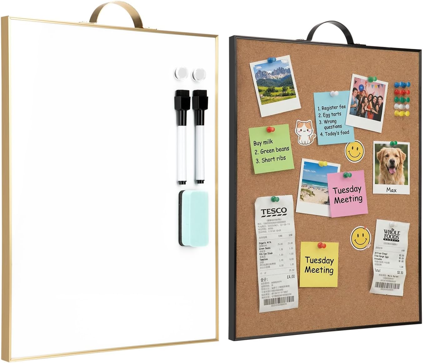 Small Cork Board Whiteboard Combination - 24" x 16" Total for White Board and Corkboard, Portable Aluminum Frame Magnetic Dry Erse Bulletin Board with Handle for School, Office, Home