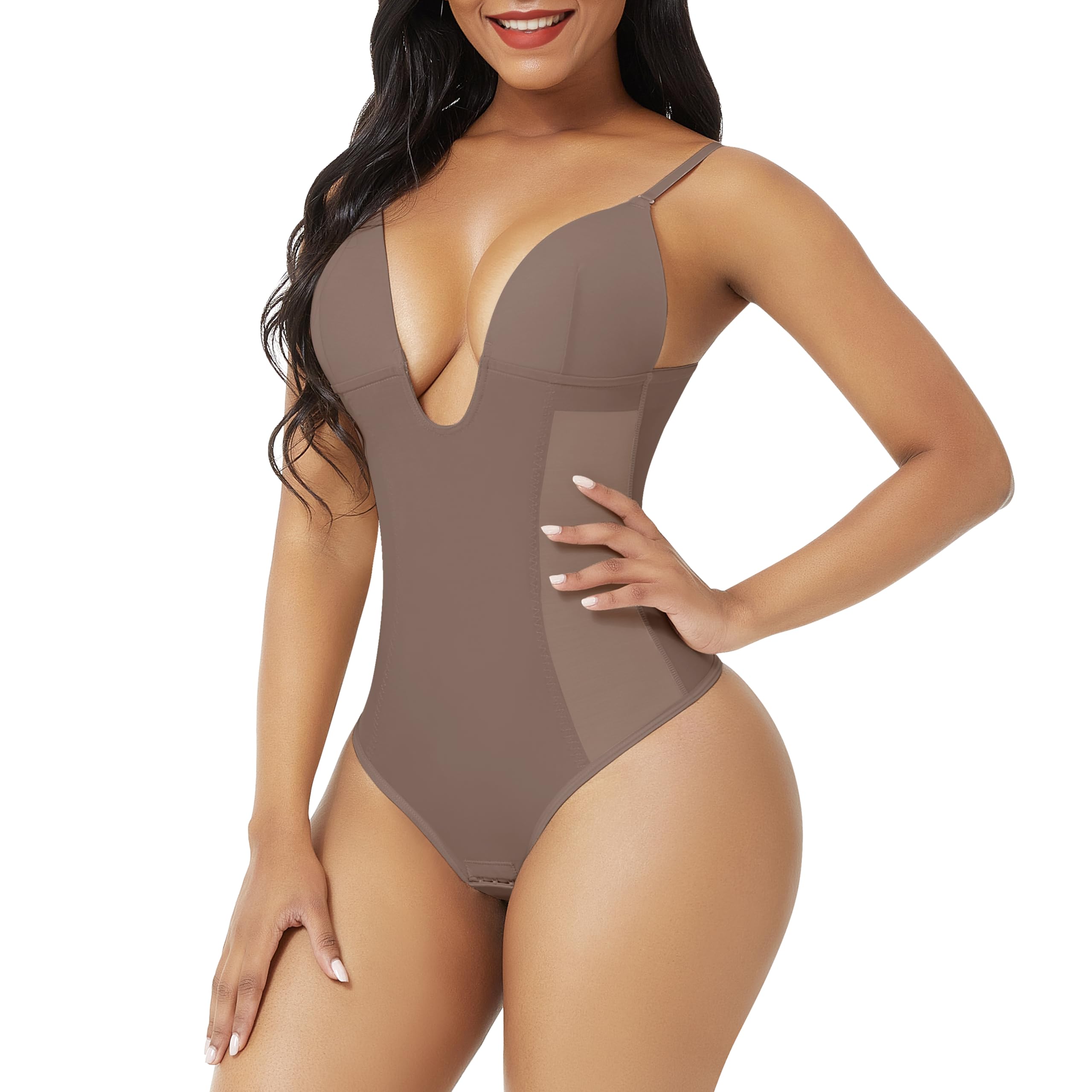 FeelinGirl Thong Shapewear Bodysuit for Women Tummy Control Body Shaper U Plunge Shapewear Waist Trainer Corset