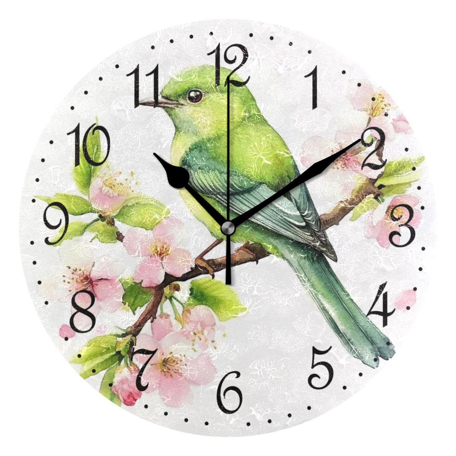 Mnsruu Wall Clock Green Bird Cherry Blossom, Silent Non-Ticking Decorative Wall Clocks Battery Operated 25x25cm