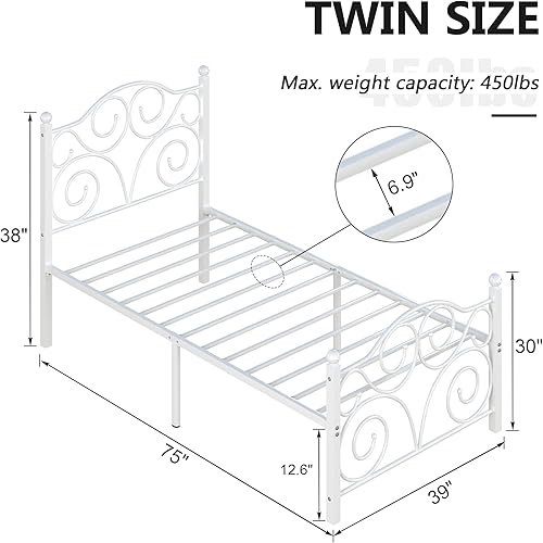Miniatura 2 de VECELO Base de cama tamaño individual con cabecero y estribo, soporte de listones de metal resistente, base de colchón de plataforma, no necesita