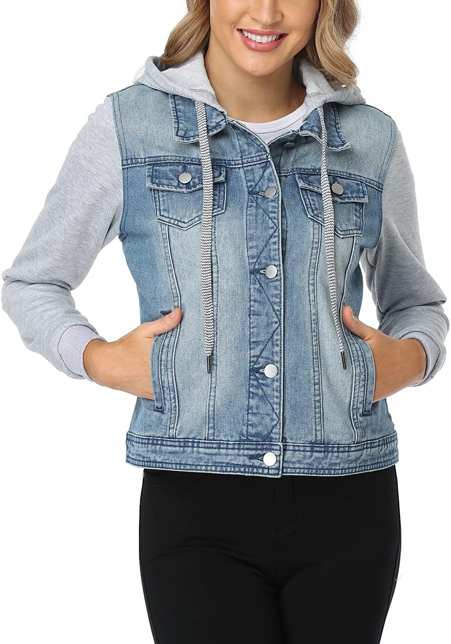 MISS MOLY Women's Hooded Jean Jacket Drawstring Layered Washed Long Sleeve Sweatshirt Hoodie Denim Jacket w 2 Pockets