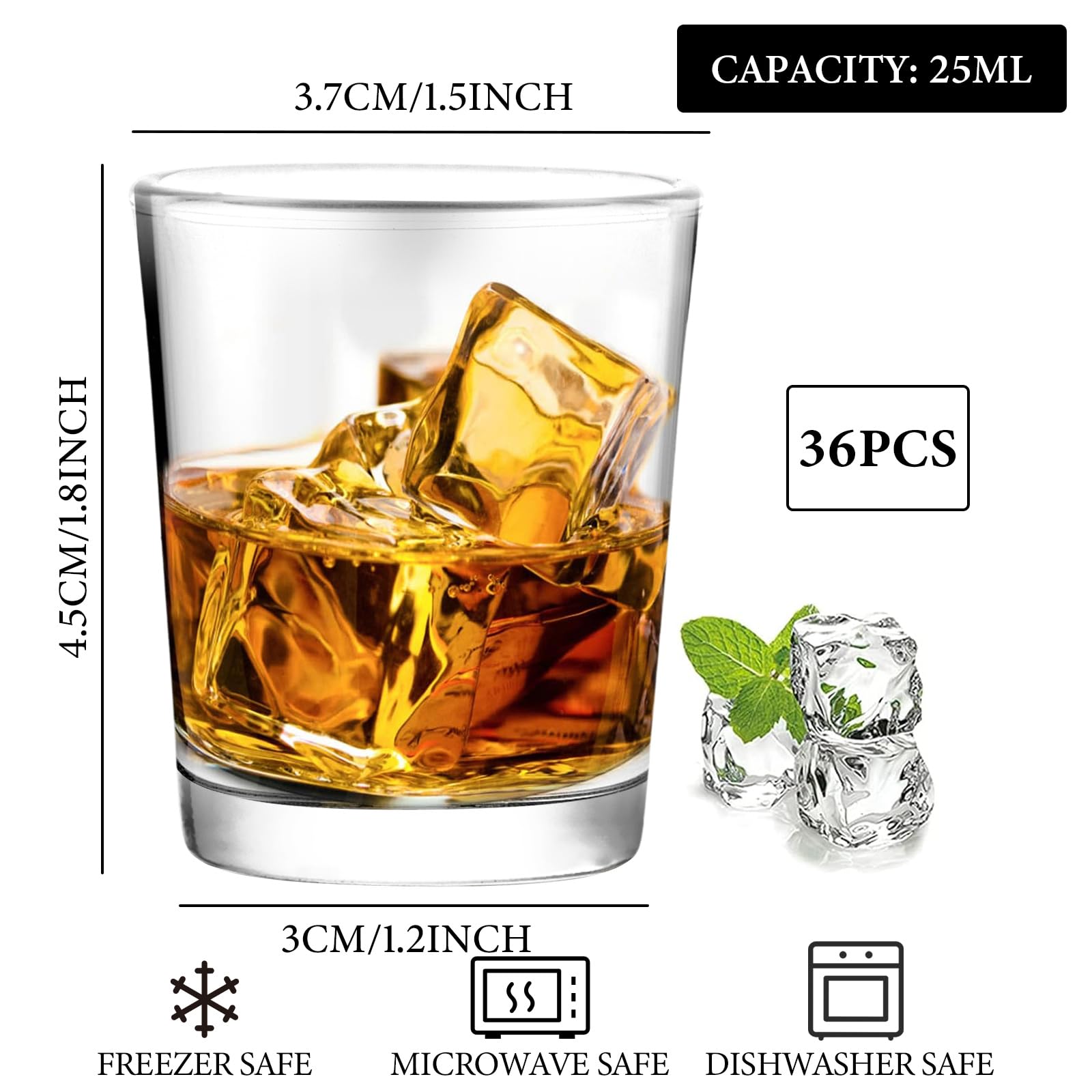 Ensemble de 36 verres à shot, verre à shot classique de 25 ml avec base épaisse, ensemble rond de tasses à shot transparentes pour cocktail, vodka, whisky