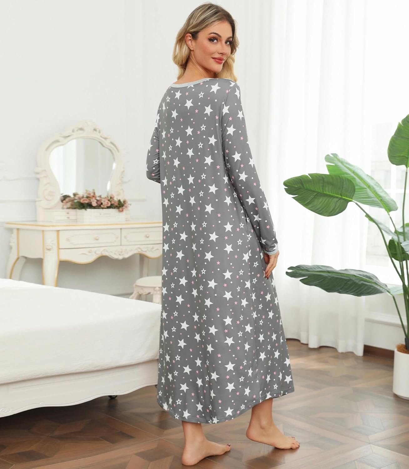 ENJOYNIGHT Womens Long Sleeve Nightgown V Neck Lounge Nightshirt Button Down Sleep Dress with Pockets - Image 5