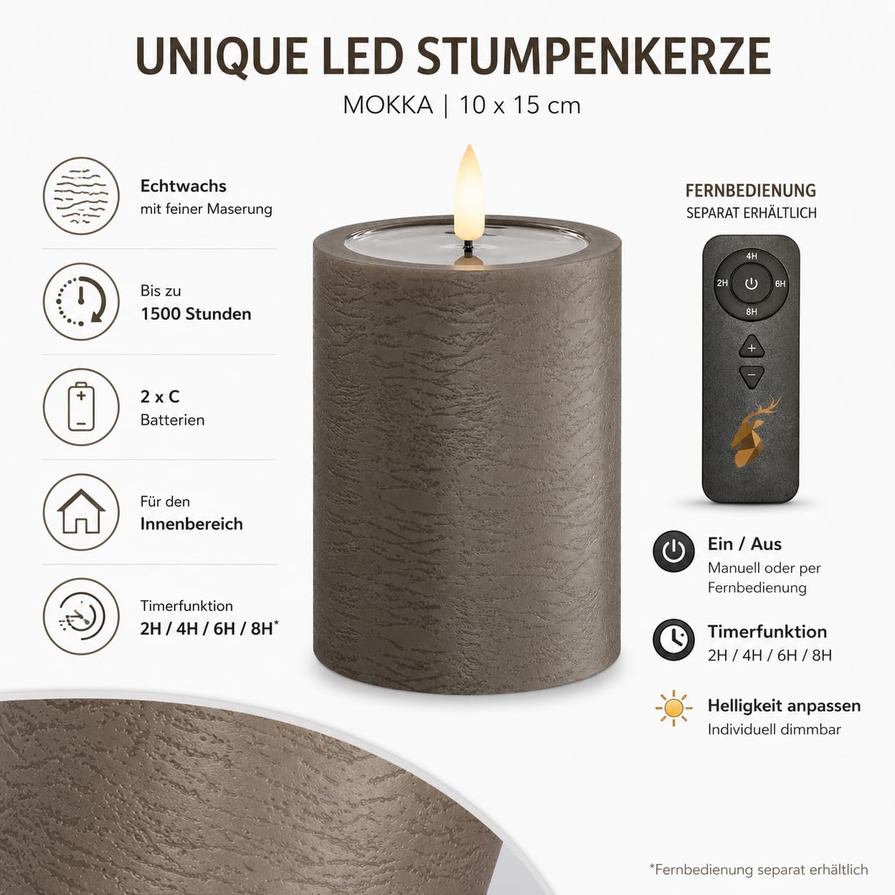 ReWu Deluxe Homeart Unikalna świeca LED, do użytku wewnątrz pomieszczeń, z realistycznym płomieniem, na lustrze z prawdziwego wosku, ręcznie wykonana, mokka, 10 x 15 cm