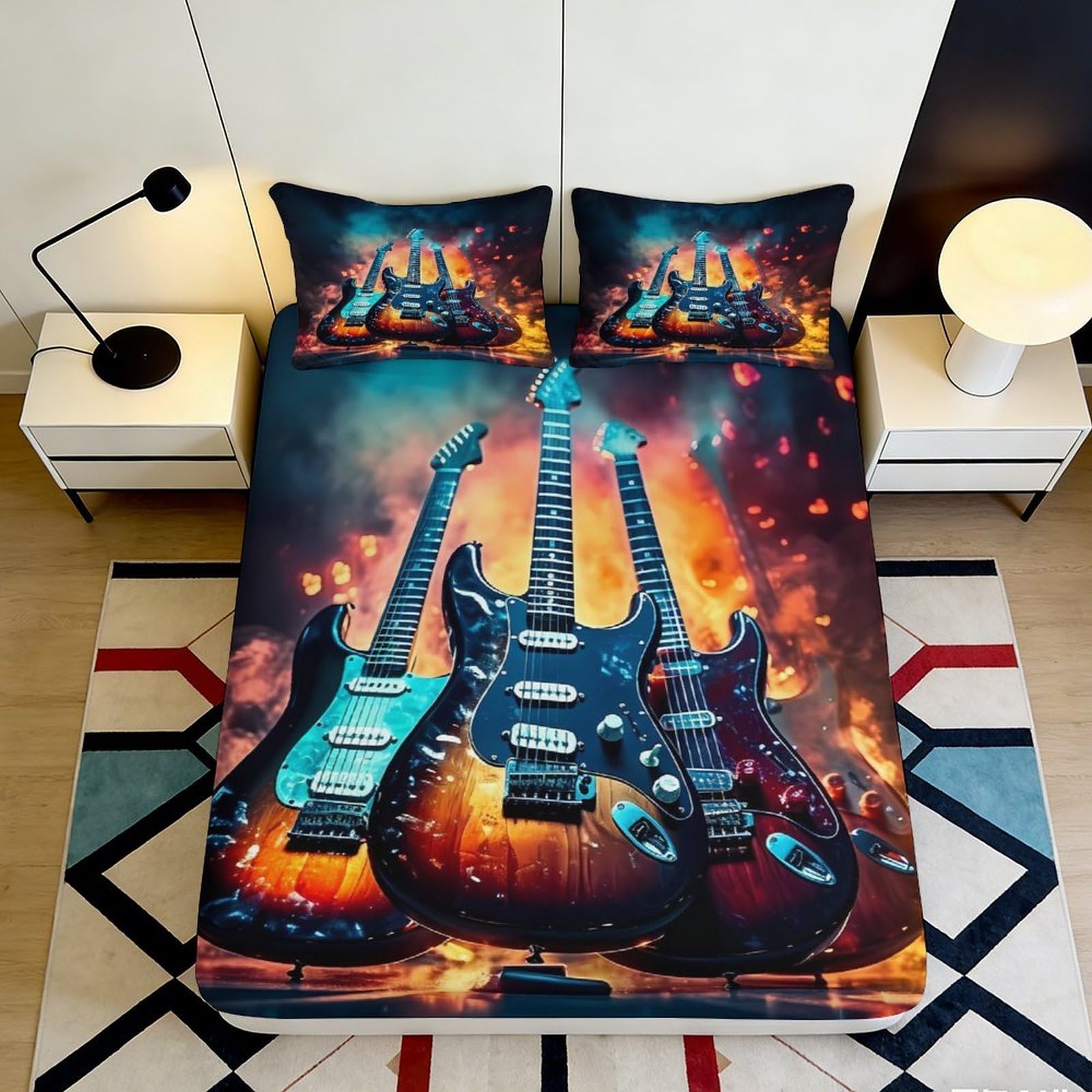 3D Printed Electric Guitar Fitted Sheet Microfiber Soft Breathable Fire Rock Mattress Cover for Bedroom Decor 90x200x25cm