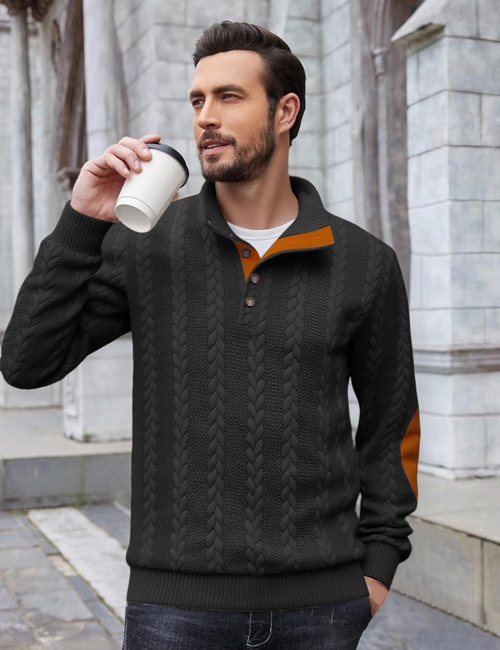 Men's Cable Knit Pullover Sweater Casual Long Sleeve Stand Collar Quarter Button Knitted Sweatshirts Quilted Sweatshirt - Image 4