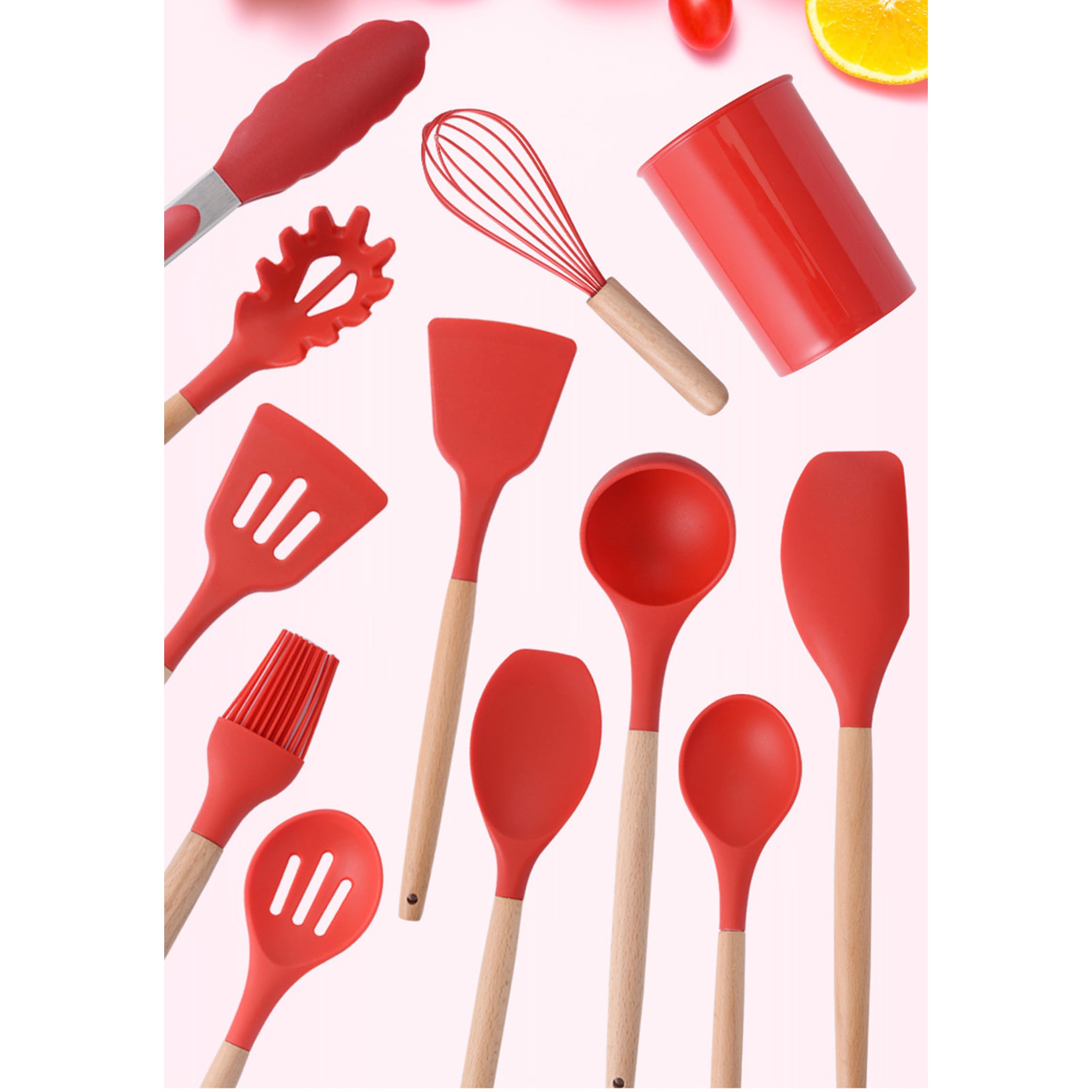12 Teiliges Küchenhelfer Set Aus Silikon, Küchenutensilien, Hitzebeständig, Antihaftbeschichtet, Hitzebeständiger Kochgeschirr Mit Utensilienhalter,mit Holzgriff Für BPA-freie Utensilien