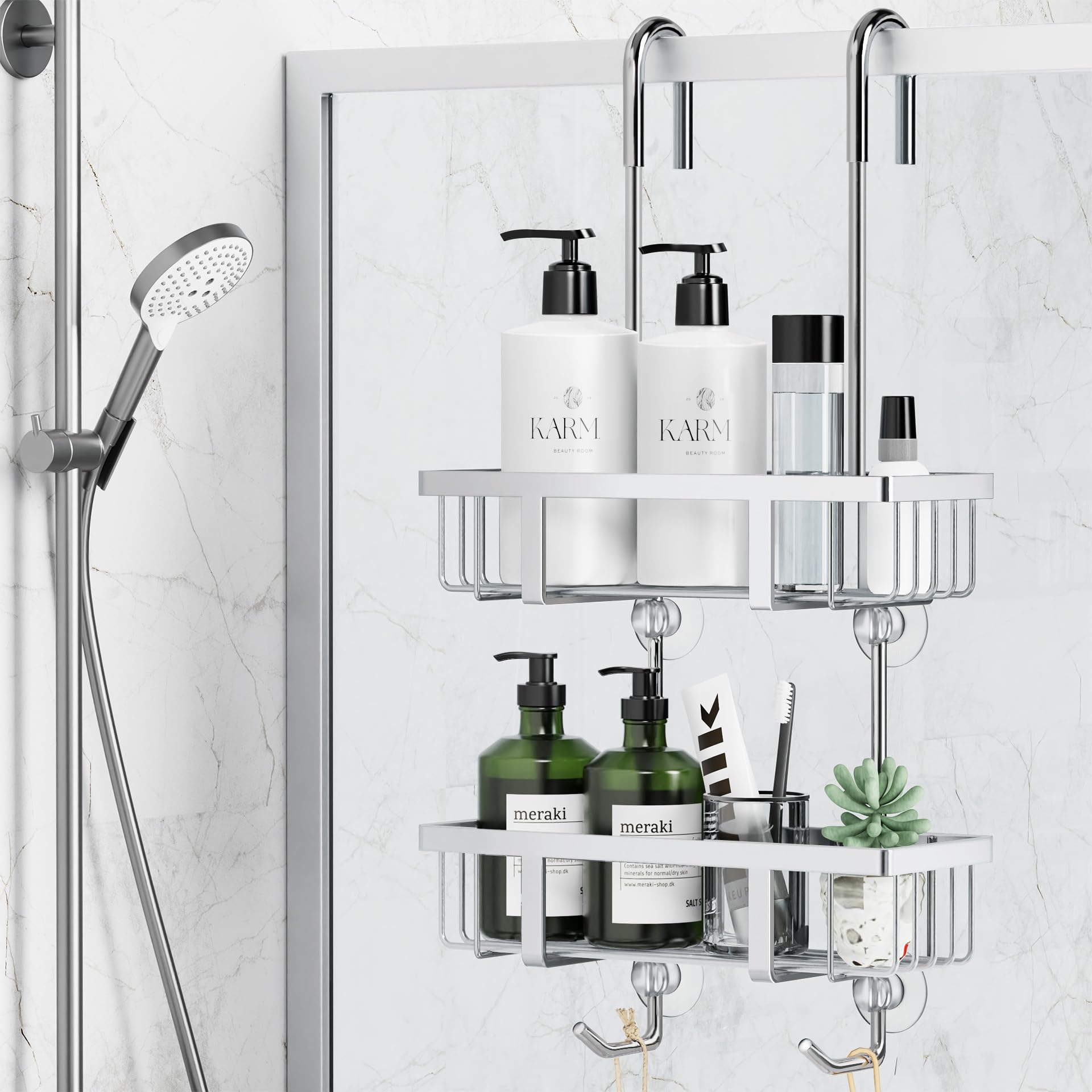 Pickpiff Mensoladoccia da appendere, mensola shampoo, supporto in vetro, cestino senza foratura, shampoo, supporto in gel, in acciaio inox, argento, altezza 57 cm