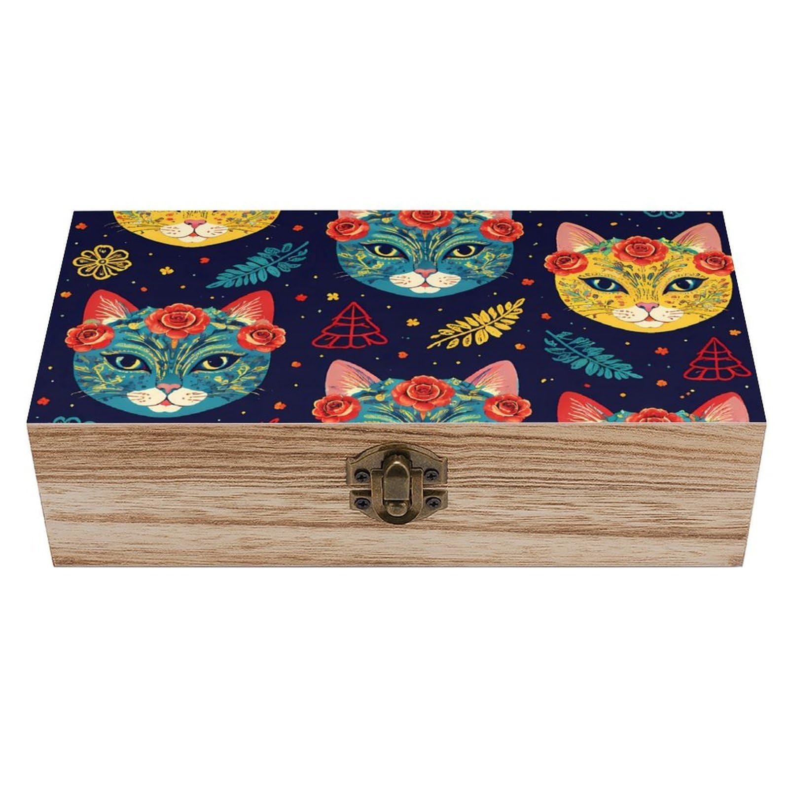HLBSDM Day of The Dead Halloween Sugar Cat Skull Wooden Storage Box