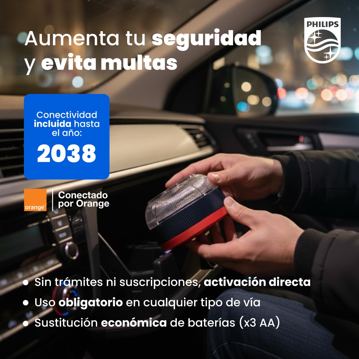 Philips Awaryjny Beacon V16 z geolokalizacją i połączeniem DGT 3.0 – zatwierdzony, plan danych w zestawie, podstawa magnetyczna, wysoka widoczność 1 km, odporna na deszcz i wiatr, baterie AA w