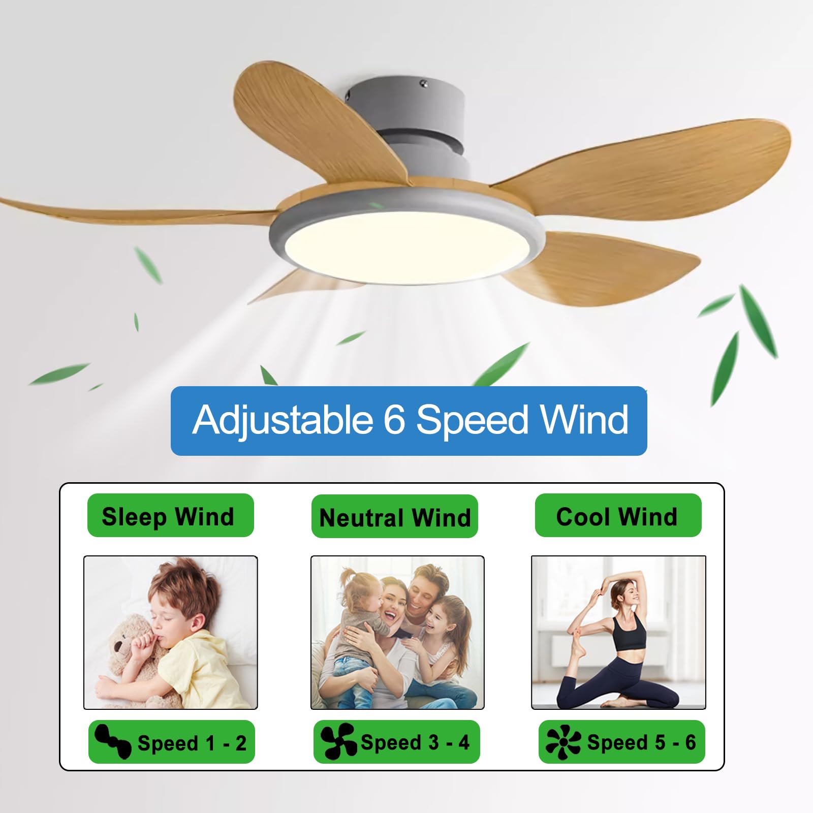 Ventilateur Plafond Avec Lumière LED 72W – Télécommande, 6 Vitesses, 3 Températures, Silencieux – Blanc 106 Cm