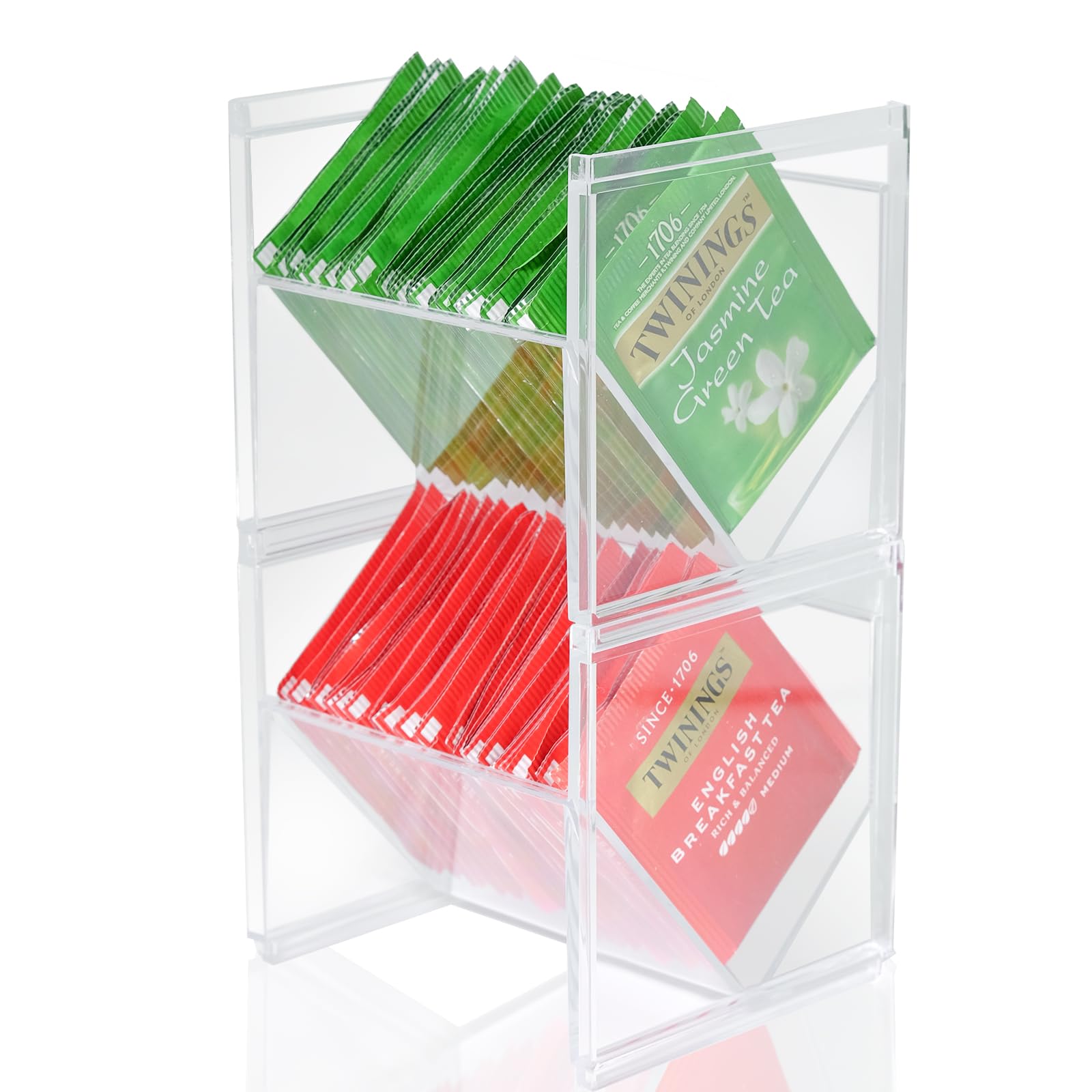Caylielam 2Pcs Tea Bag Storage Organizer, Stackable Clear Plastic Tea Holder and Coffee Pod Containers, Sugar Creamer Box for Drawer Countertop Cabinet Coffee Station, 4.6”Lx4.0”Wx4.3”H