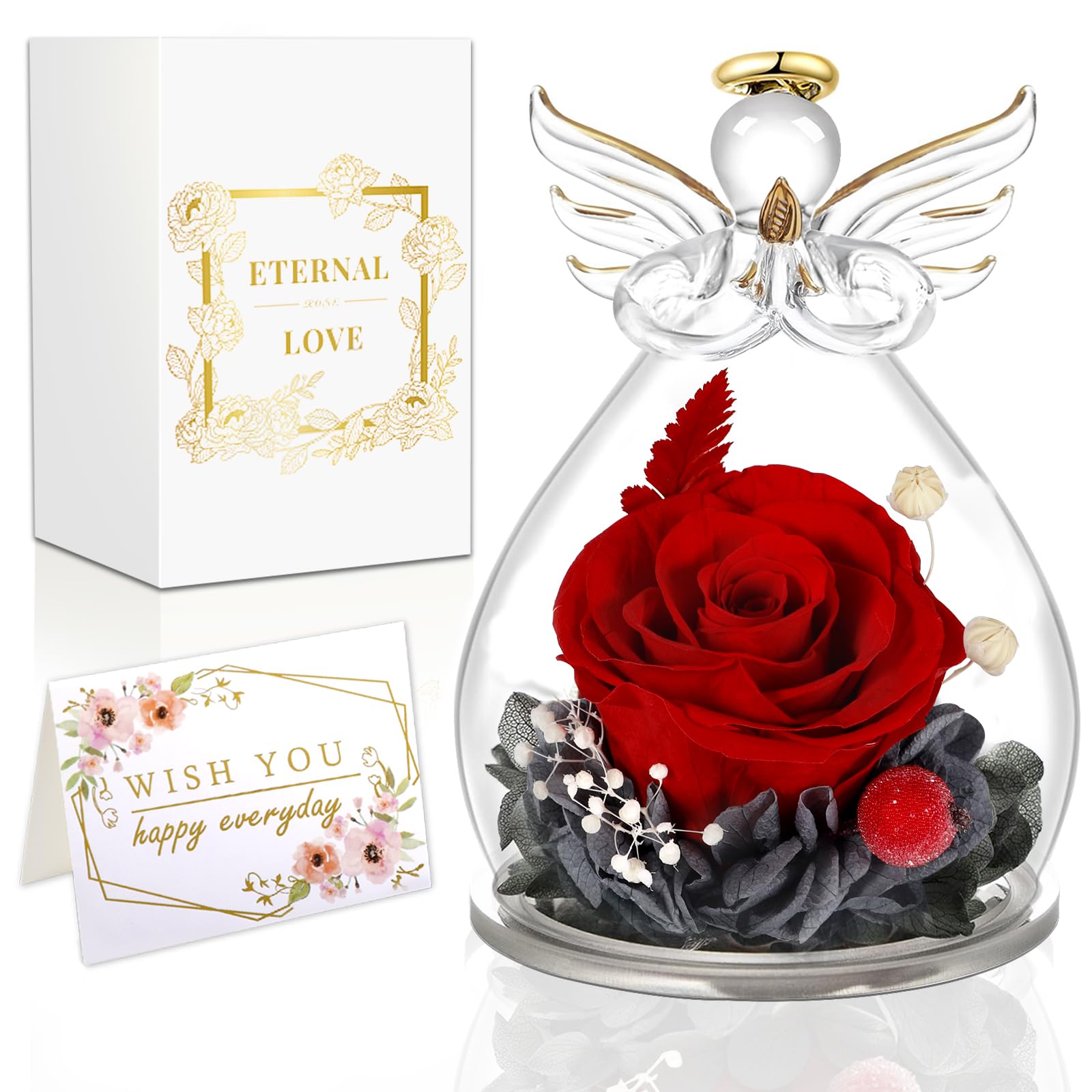 Rosa Eterna,Rosas Eternas en Vidrio,Rosa Eterna en Vidrio Angel Figurines,Rosa Preservadas,Flores Eternas con Figura de Ángel,Regalos Cumpleaños,Regalo Dia de la Madre,Regalos Cumpleaños