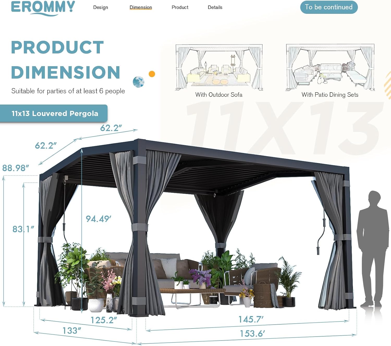 Diagram illustrating the dimensions of the EROMMY 11' x 13' Louvered Pergola, showing height, width, and length measurements.