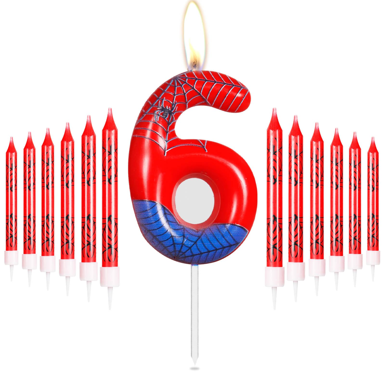 Blue Red 6th Birthday Candles, Number 6 Candle for Cake, Boys Girls 6th Birthday Decorations, Spider Web Cake Decorations, Spider Themed Party for Boys Girls Birthday