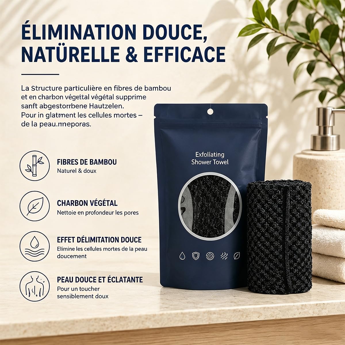 Serviette De Douche Exfoliante Ecovia, Exfoliation Douce, Serviette Exfoliante Douche, Homme Femme, Douce Corps et Visage, Pour Les Voyages Et Les Soins Corporels Quotidiens (Noir+rose+bleu)