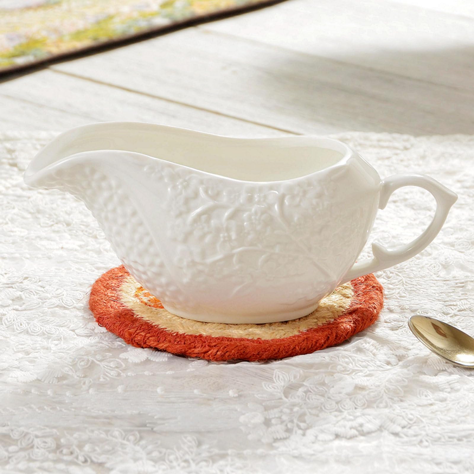 Cuencos Salsa Soja Ovalados Relieve CláSico Uvas Blanco Marfil Vertedor Elegante Para Salsas Sirope Mesa Banquete-2pc