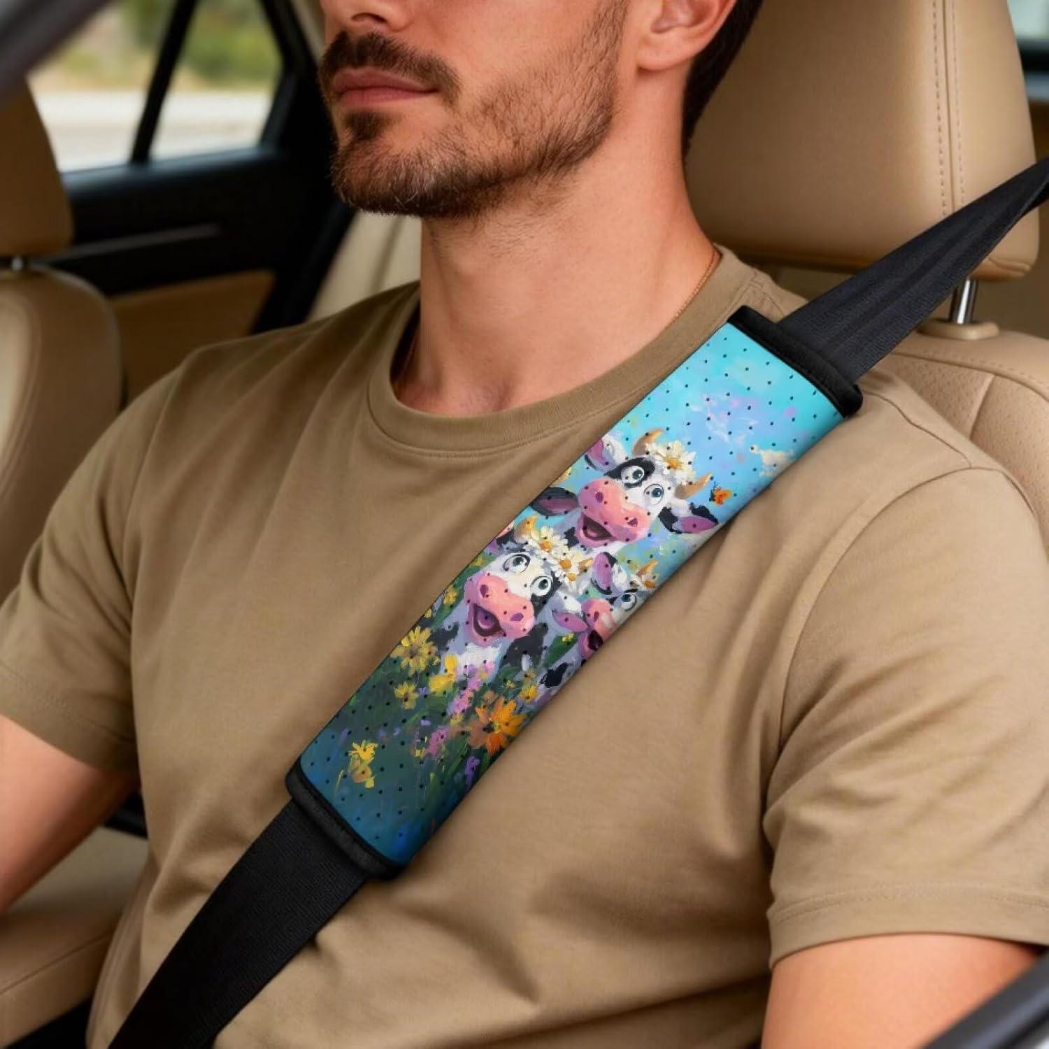 Cute Cows Floral Blue Sky Print Car Seat Cover Set of 5 Pieces Front Seat Covers with Matching Seat Belt and Center Console Covers PU Leather Fits Most Vehicles