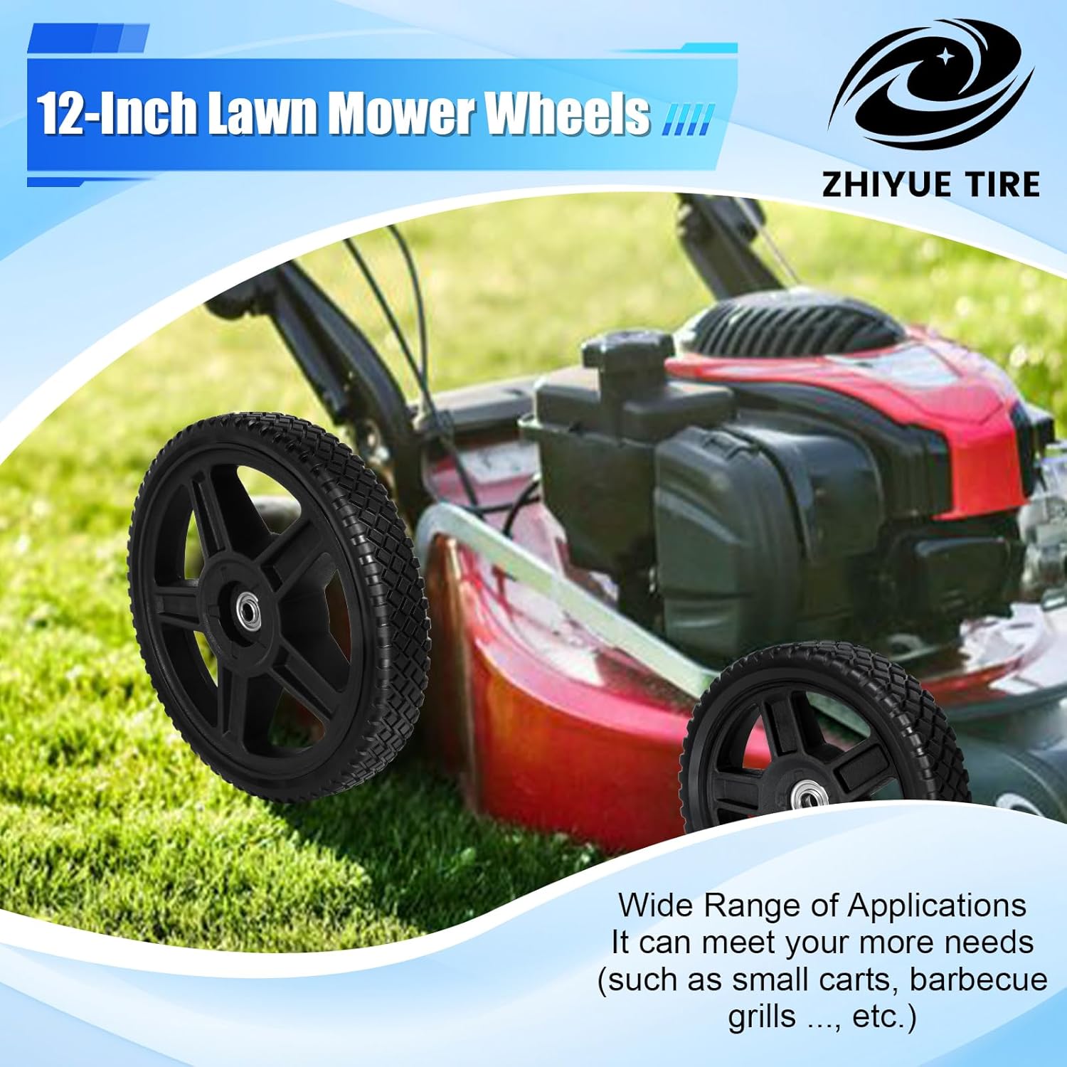 12 Inch Lawn Mower Wheels (2-Pack) - Universal Fit for Most Push Mowers - Heavy Duty 90LB Capacity Wheels with 1/2 Bore