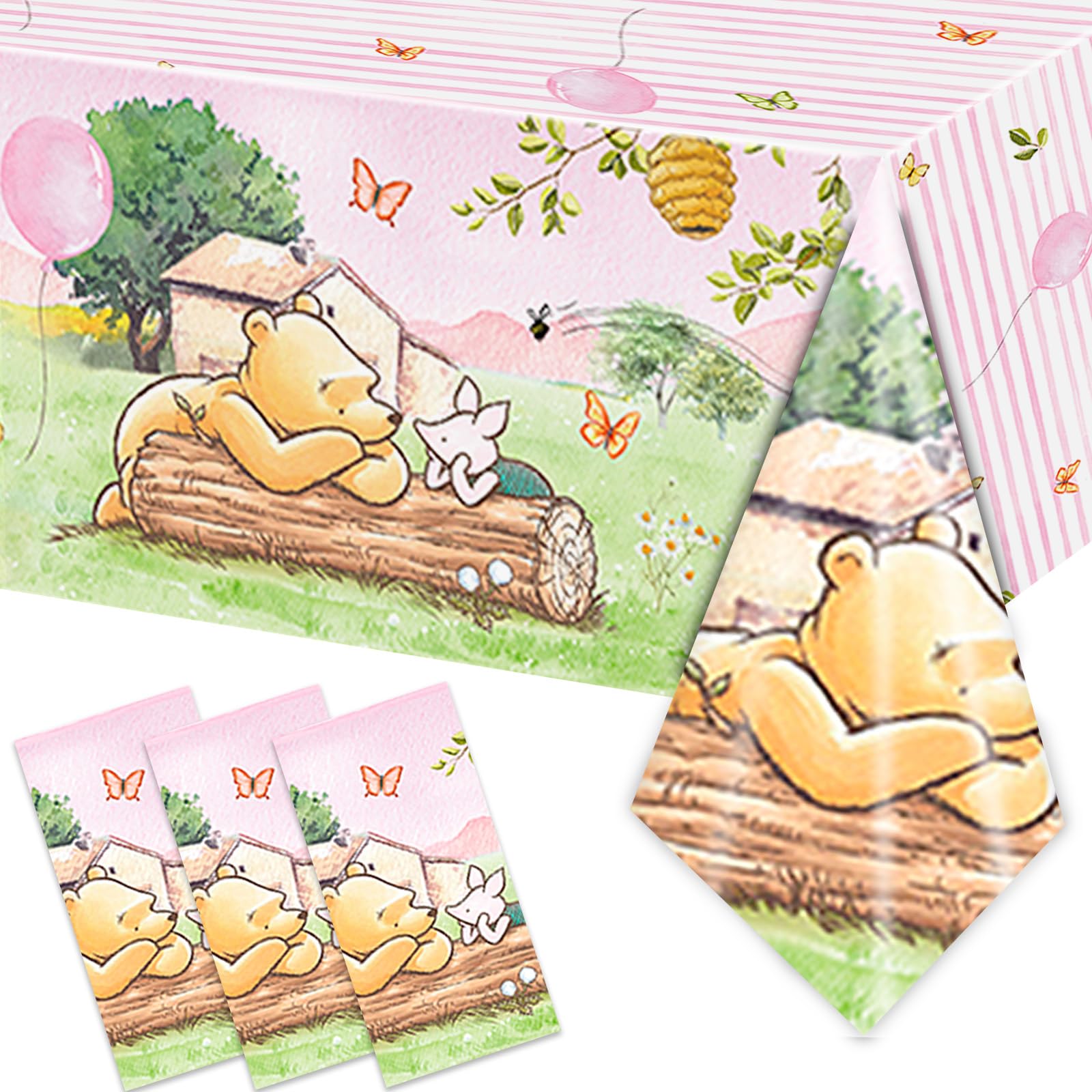FOLNESH 3PCS Pink Classic Bear Baby Shower Tablecloths, Kids Girls First Birthday Party Decorations Winnie Bear Themed Table Cover Party Supplies -