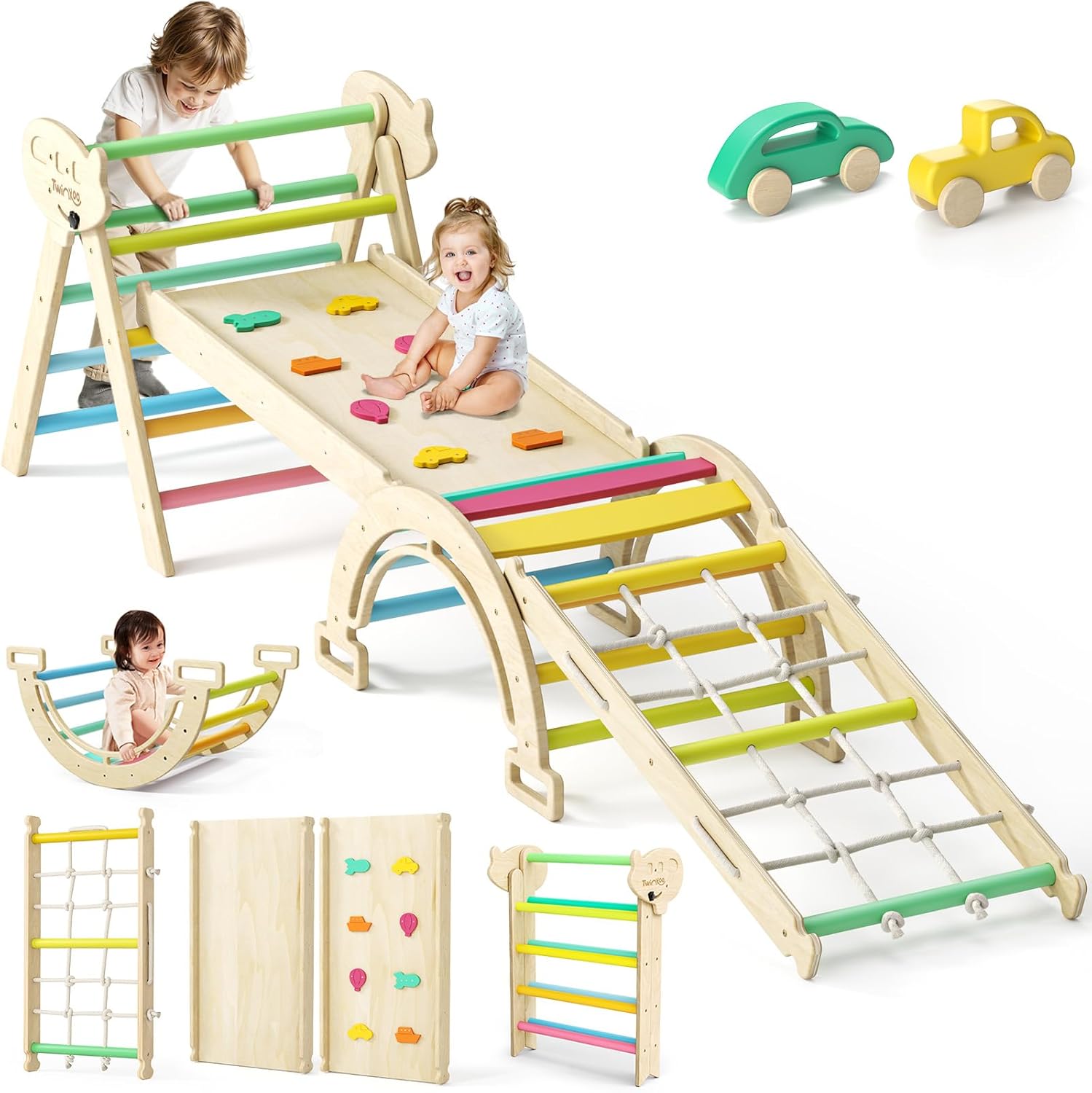 8 in 1 Pikler Triangle Set, Foldable Toddler Baby Climbing Toys, Solid Wooden Montessori Climbing Set, Baby Climber Indoor Playground Jungle Gym for Toddlers Montessori Toys