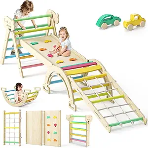 8 in 1 Pikler Triangle Set, Foldable Toddler Baby Climbing Toys, Solid Wooden Montessori Climbing Set, Baby Climber Indoor Playground Jungle Gym for Toddlers Montessori Toys