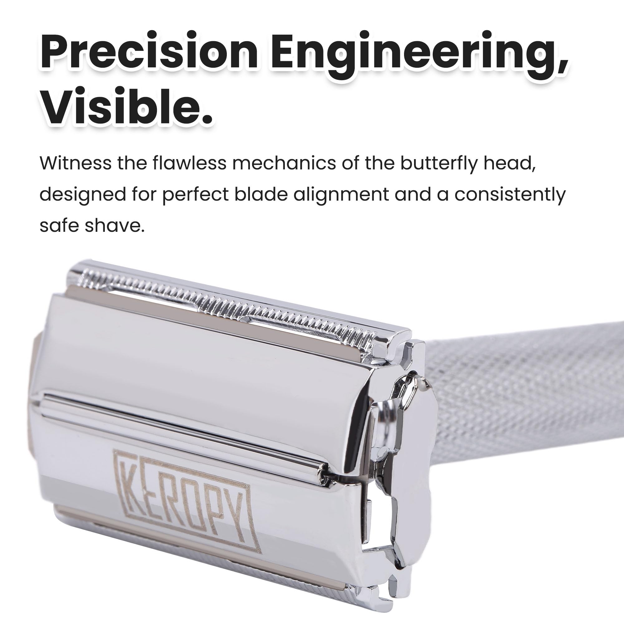 Keropy Maquinilla de afeitar de seguridad pesada con mango corto | Butterfly Open, 10 cuchillas de acero inoxidable, calidad clásica de metal