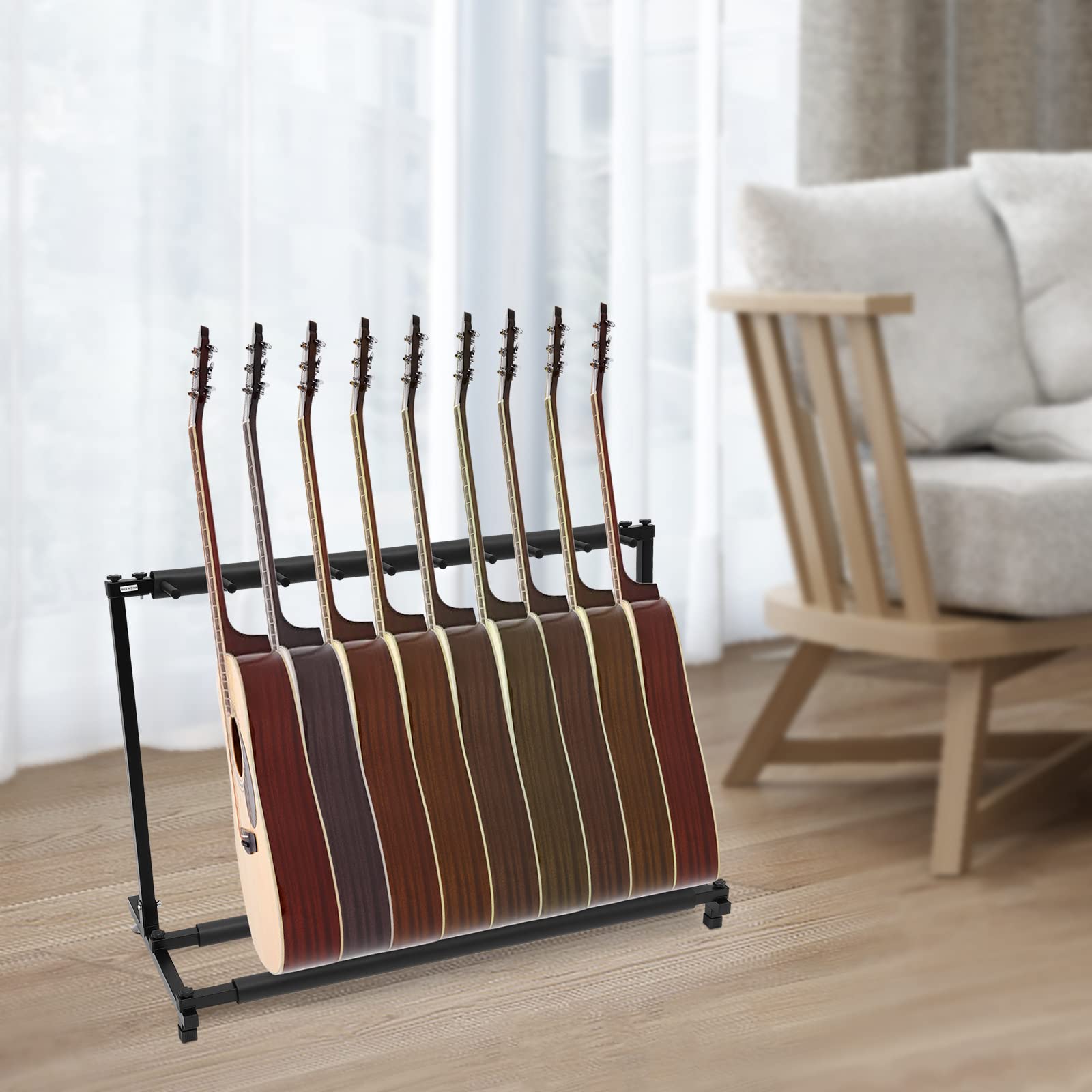 Supporto per chitarra a 3 scomparti, a 5 livelli, pieghevole, con ruote, per chitarra acustica, classica, basso acustico, chitarra elettrica, basso (110 x 47 x 73 cm)