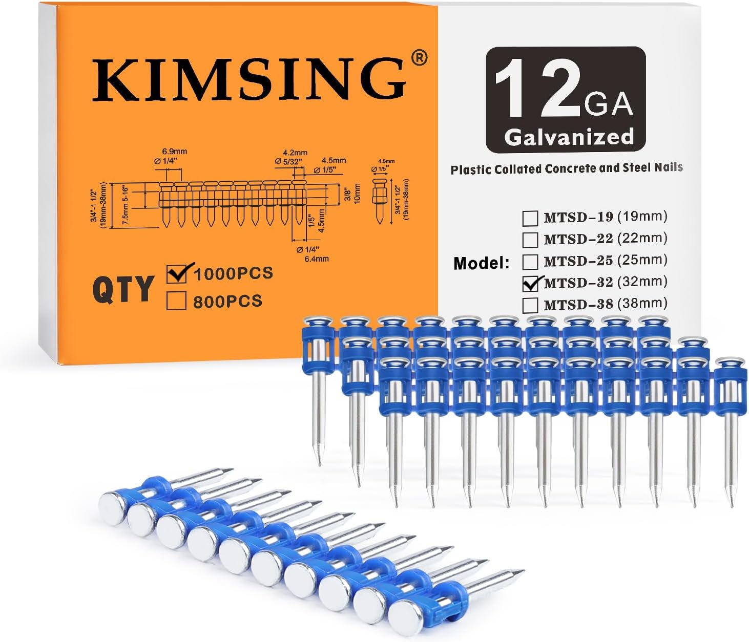 KIMSING 1-1/4 Inch Plastic Collated Concrete Pins, 1000PCS Box, 12 Gauge, Galvanized Blue Concrete Nails for Cordless Concrete Nailers, for Fastening Steel, Panel into Concrete and Concrete Ceiling