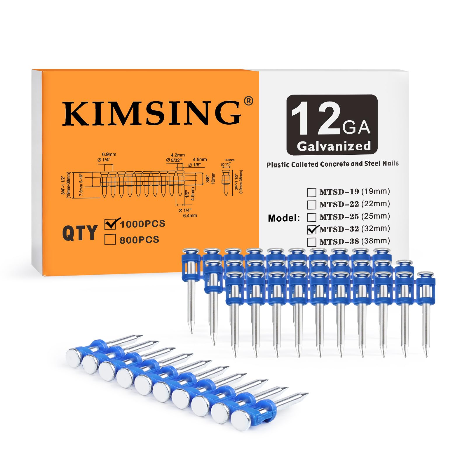 KIMSING MTSD-32 12GA clous pour béton 32mm 1000 pces pour portes | Galvanizado grueso anticorrosión, tira plástica para carga fácil, 32mm, para puertas, ventanas y techos