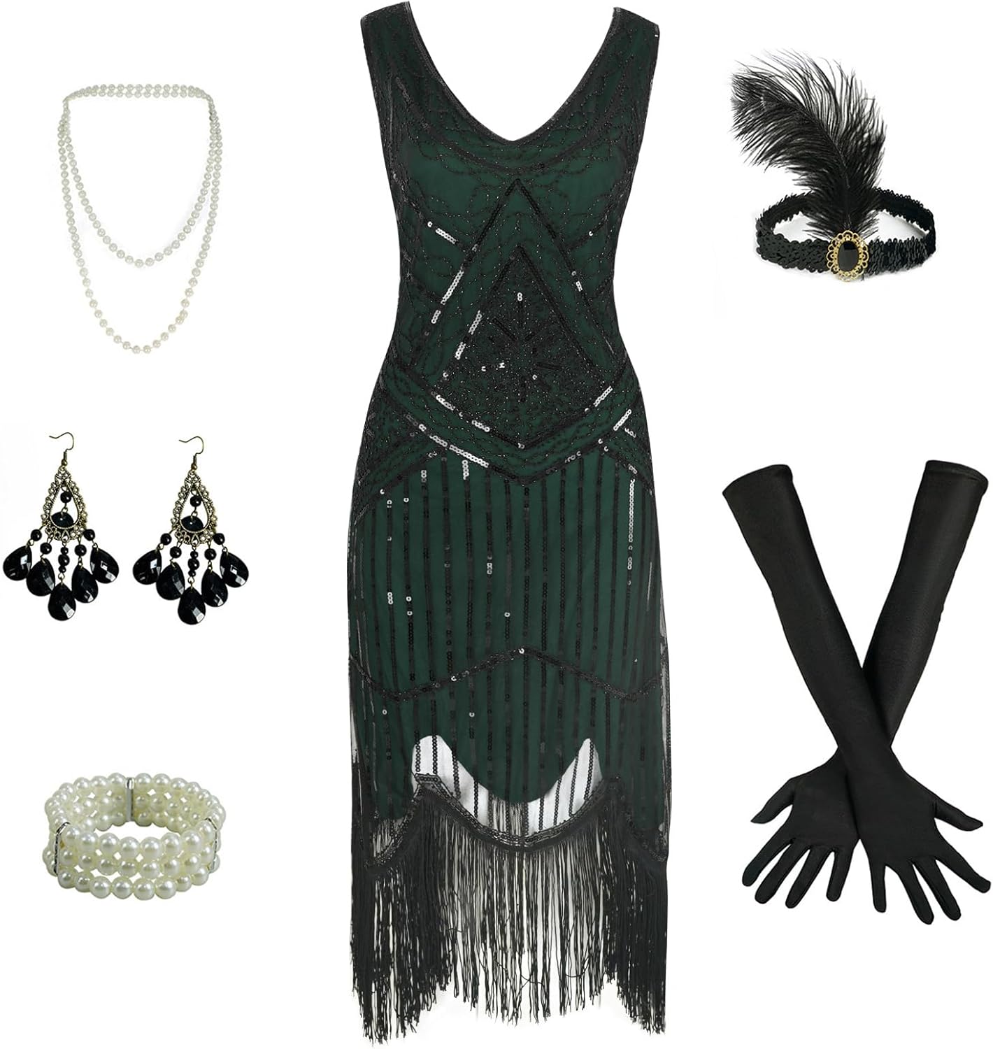 1920s Gatsby Sequin Fringed Beaded Flapper Dress Cocktail Dress with Roaring 20s Accessories Set