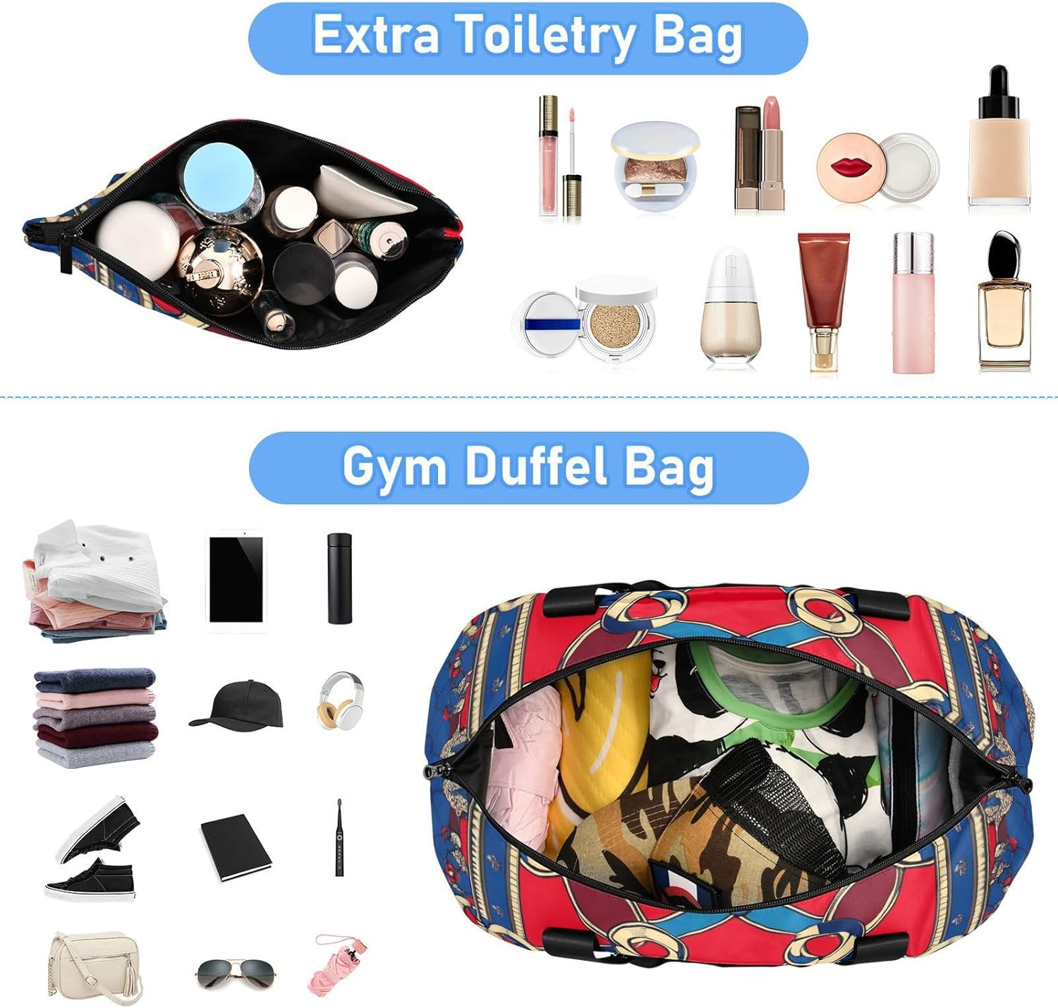 Vintage Flower Pattern Red and Blue Gym Bag Sports Gym Tote Bag with Adjustable Strap for Hiking Multifunctional