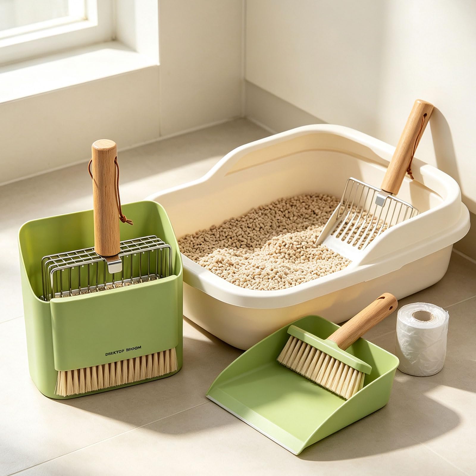 Pala per lettiera per Gatti con Supporto per la Cura, Green | Testa scanalata in acciaio inossidabile, manico effetto legno, uso domestico ordinato in interni