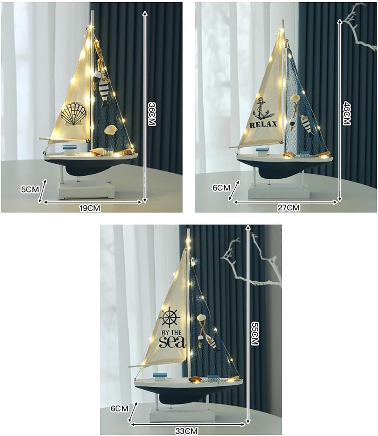 Wood Sailboat with LED Lights Nautical Shell Wood Sailing Ship Figurine Decor Tabletop Figurine Nautical Decoration Ocean Marine Artistic Home Decor Without Battery