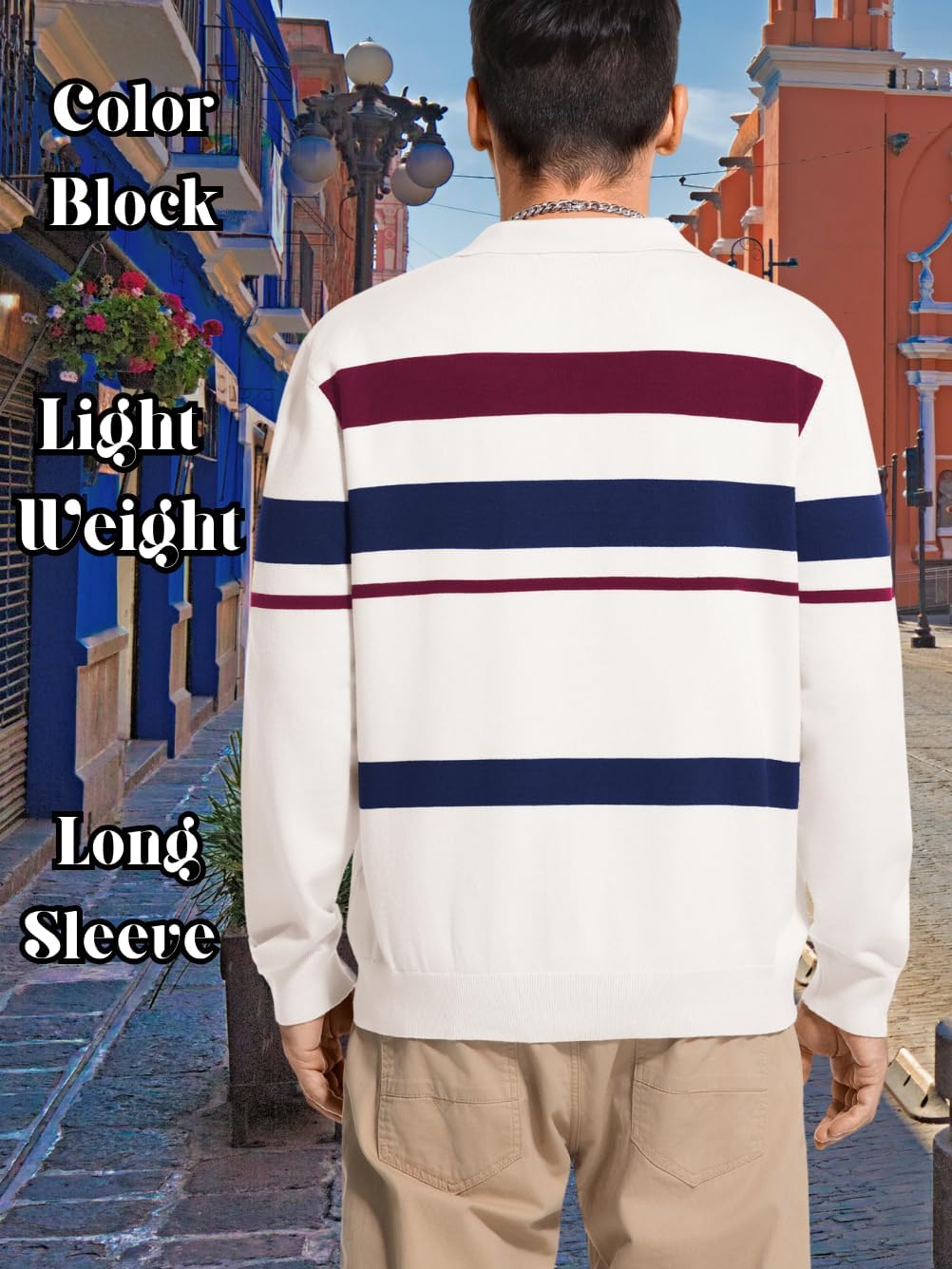 ChiaoLezhee Striped Polo Sweater for Men, Color Block, Fall Clothes, Vintage Fashion Lightweight Long Sleeve Crochet Knit