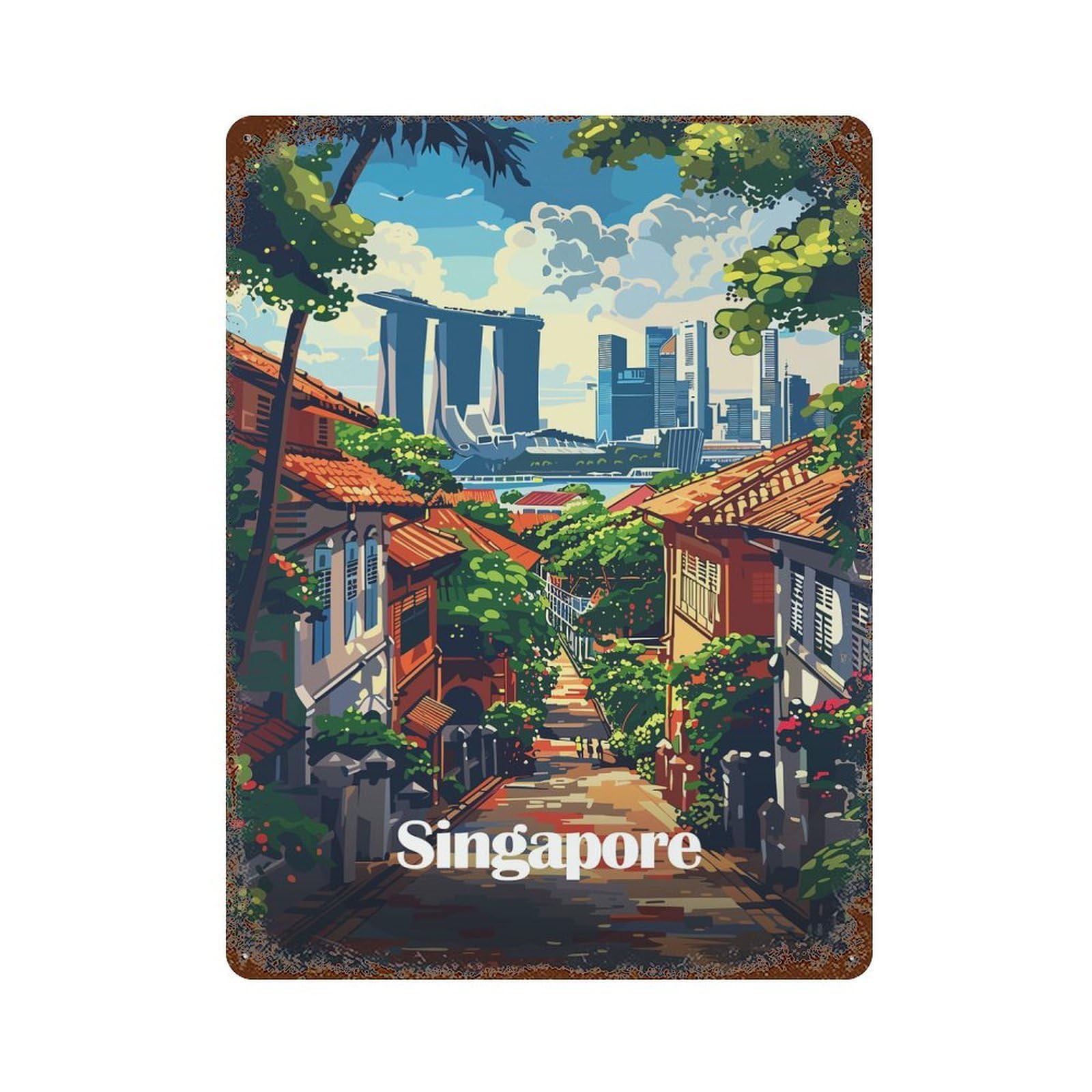 Singapore Cityscape Vintage Wall Sign 15.7"x11.8", Rust Effect Metal Decor for Bistro, Counter And Cafe Decor