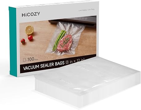 HiCOZY Vacuum Sealer Bags 100 Count 8x12 for Food Storage, Pre-Cut BPA Free Bag for Meal Prep or Sous Vide Cooking, Safe to Microwave, Dishwasher, Boil, or Freeze