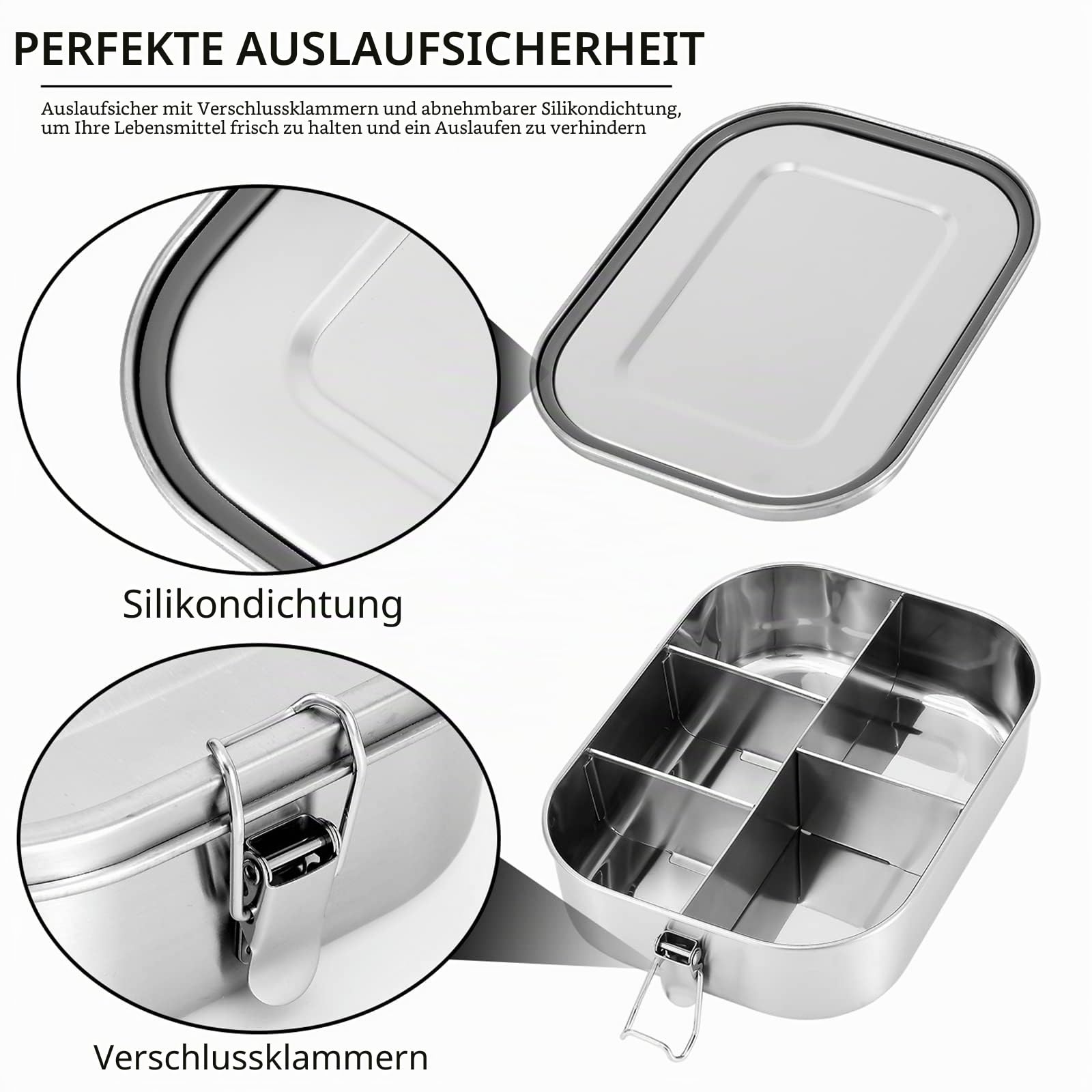 UPTRUST Bento-Lunchbox aus Edelstahl, 5 Fächer, groß, 1400 ml, Metall, Bento-Lunchbox, Behälter für Kinder oder Erwachsene, mit verschließbaren Clips, auslaufsicher