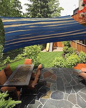 Sun Shade Sail 12x16 Abstract Blue Golden Stripes Wave Rectangle Sun Shade Sails Canopy Waterproof Modern Art Outdoor Sunshades Sand UV Block Cover Shades Cloth for Patio Backyard Garden Deck Lawn