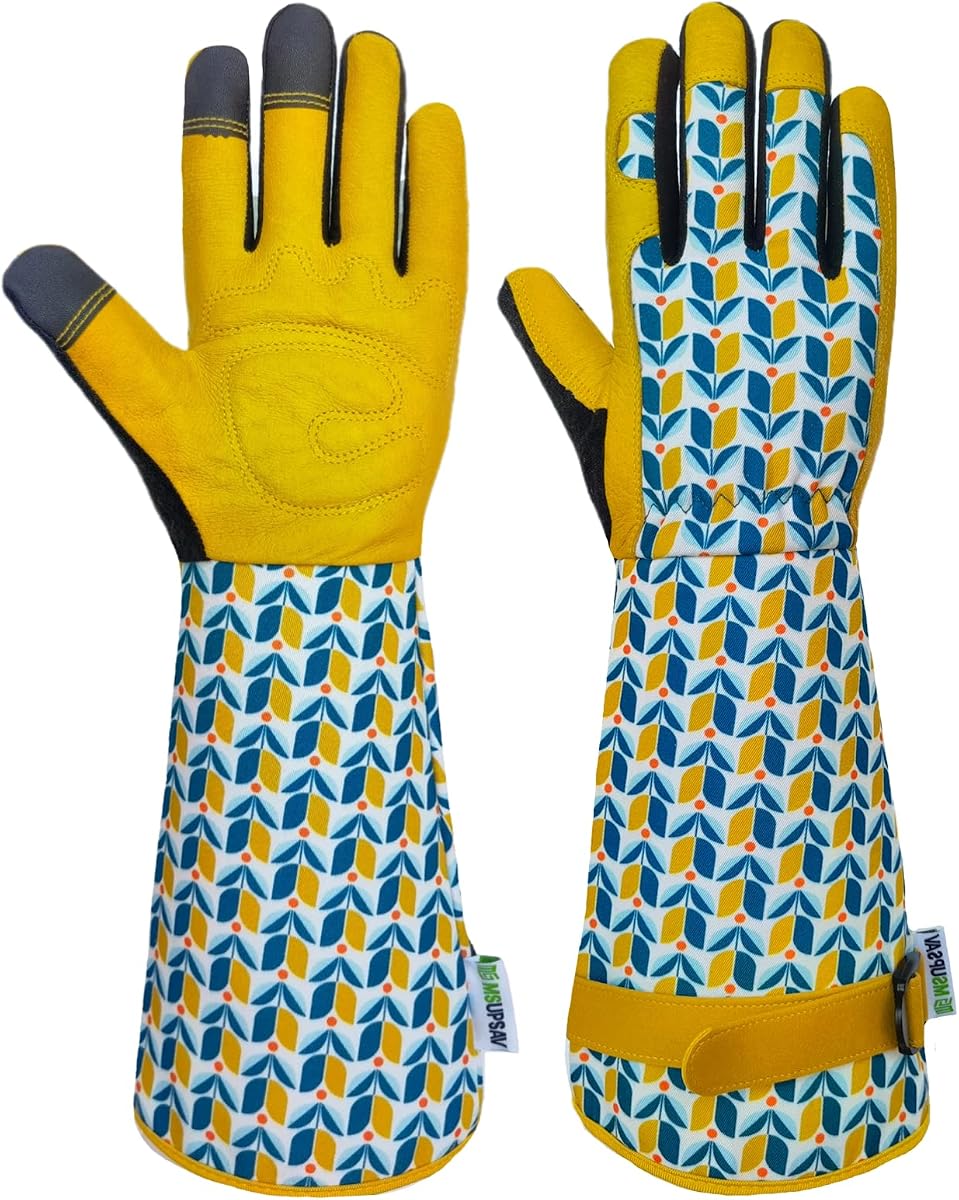 Guantes de jardinería a prueba de espinas para rosas y cactus, guante de jardín, regalos | Lona, lindo patrón floral, palma de cuero, pantalla táctil, material duradero, regalo de jardín, hombres y mujeres, lavable a máquina, puño ajustable