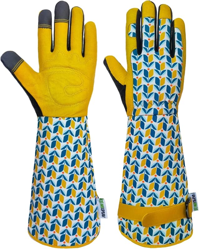 Guantes de jardinería a prueba de espinas para rosas y cactus, guante de jardín, regalos | Lona, lindo patrón floral, palma de cuero, pantalla táctil, material duradero, regalo de jardín, hombres y mujeres, lavable a máquina, puño ajustable