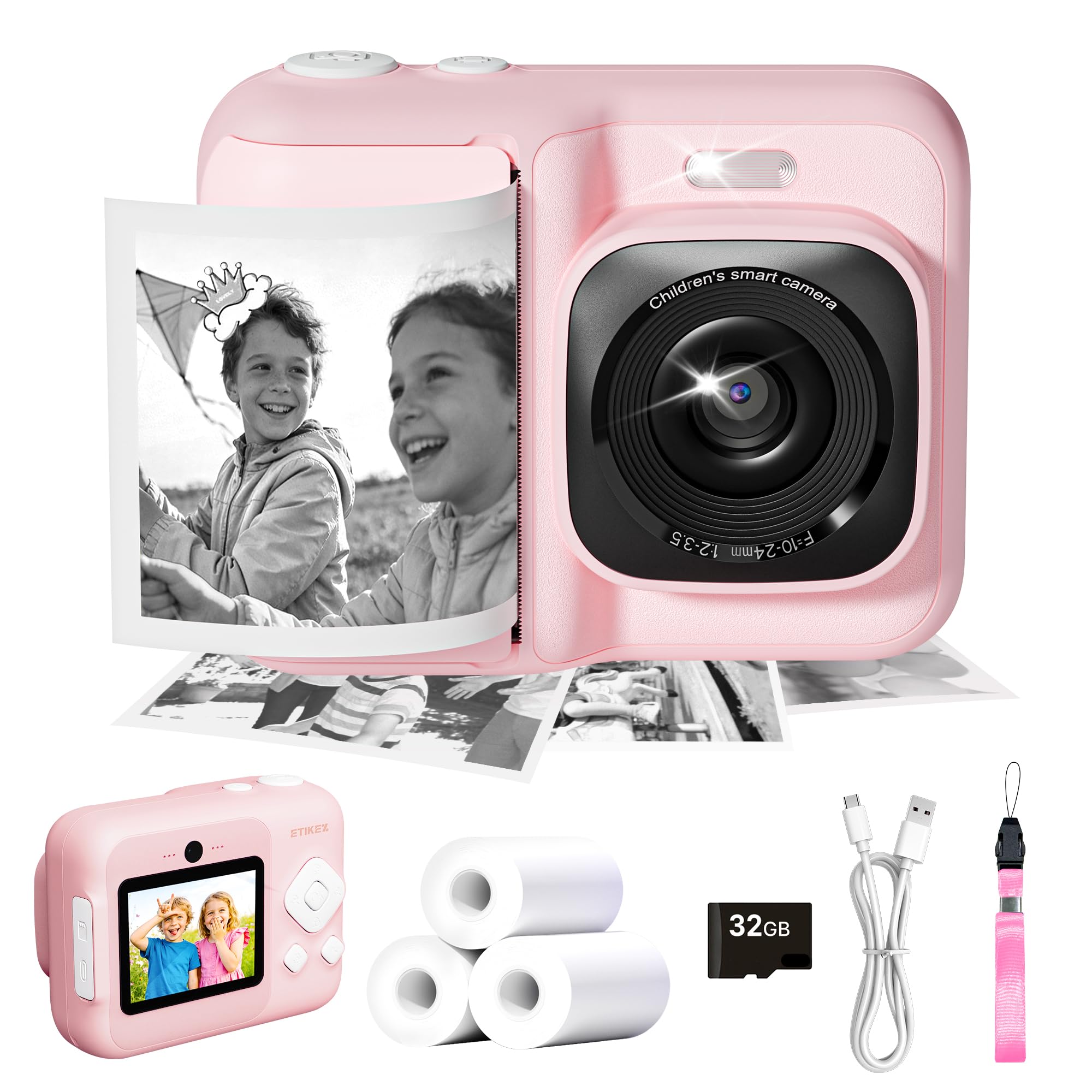 Macchina Fotografica Bambini Istantanea 1080P, 3 Rotoli di Carta, Rosa | Macchinetta Fotografica Bambini, 3-12 Anni, 1080P, Senza Inchiostro, Antiurto, Creativa, 3 Rotoli, Regalo Natale/Compleanno