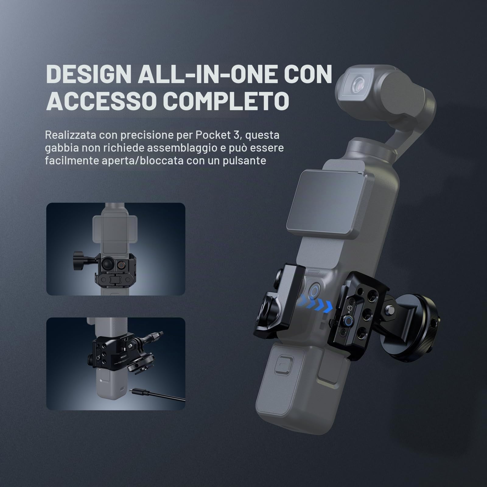NEEWER Pocket 3 Cage, Rig Video Gimbal in Lega Alluminio con Adattatore di Estensione Action Cam Filetto 1/4" ColdShoe Compatibile con DJI Osmo Pocket 3 Creator Combo,Non Richiede Assemblaggio, AC009