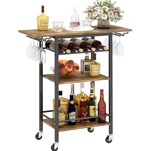 LAATOOREE Bar Cart, Home Bar Serving Cart, 3 Tier Mobile Drink Beverage Cart, Rolling Kitchen Shelf Cart with Wine and Glass Holders, for Dinning Room, Living Room, Kitchen