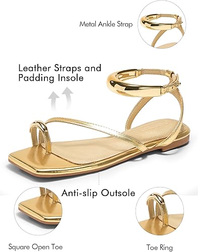 Miniatura 7 de Coutgo Sandalias planas con tiras para mujer, sandalias con anillo de punta abierta, correa de tobillo de metal, zapatos de playa de verano