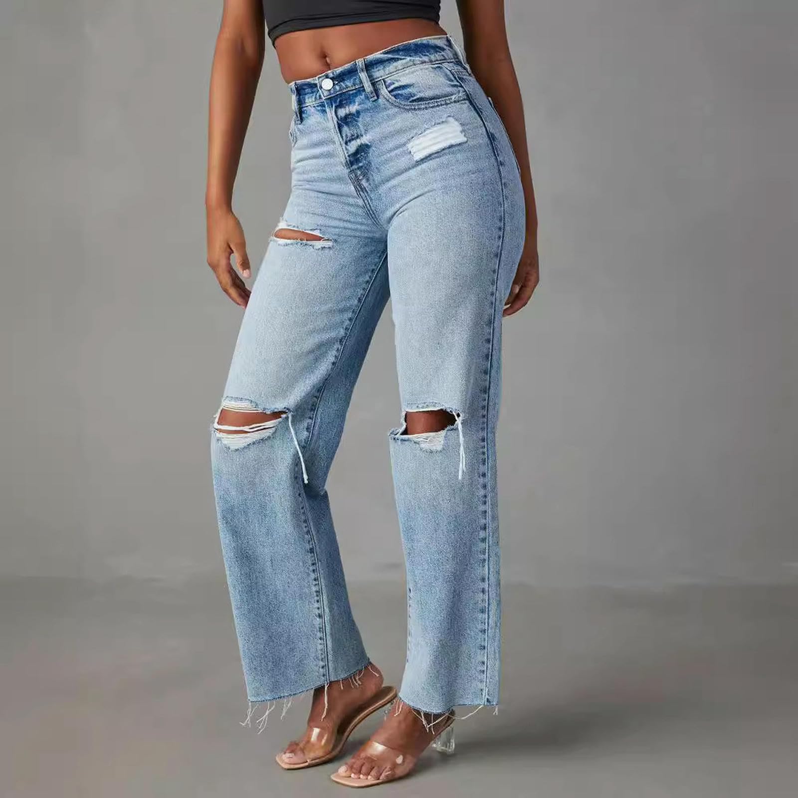 Jeans Donna Strappati alla Caviglia con Dritta Alta-Blu-l