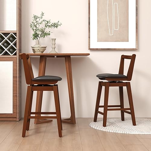Miniatura 4 de COSTWAY Taburete de bar, taburete tapizado giratorio de piel sintética de 26 pulgadas con respaldo hueco y asiento acolchado, patas de madera de