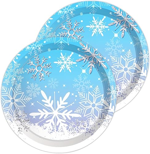 Ipalmay Platos de fiesta de copo de nieve sirven 24, platos de papel desechables con temática de nieve de invierno para Navidad, celebración de
