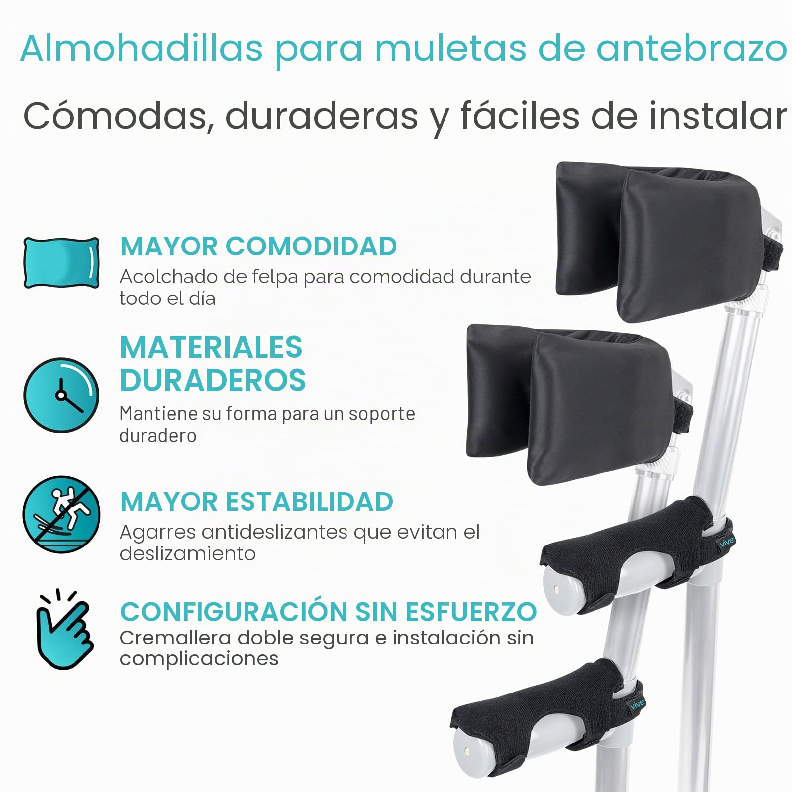 Vive Almohadillas para muletas de antebrazo (para muletas de medio puño) – acolchado de cubierta de brazo | Accesorio: cómodo, transpirable, lavable a máquina. Comprueba la compatibilidad para garantizar un ajuste correcto