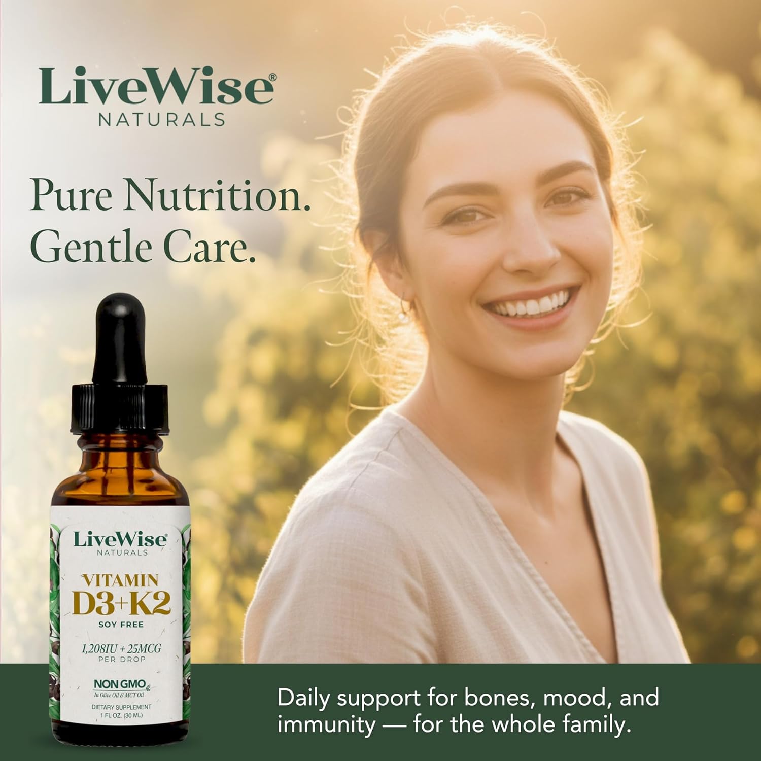 Live Wise Naturals Vitamin D3 K2 Drops for Adults - 930 Drops, Ultra Concentrated Formulation, Fast Absorption 1208 IU Vitamin D3, 25 MCG (MK-7) - Micro-Dosing Dropper for Calcium & Bone Support